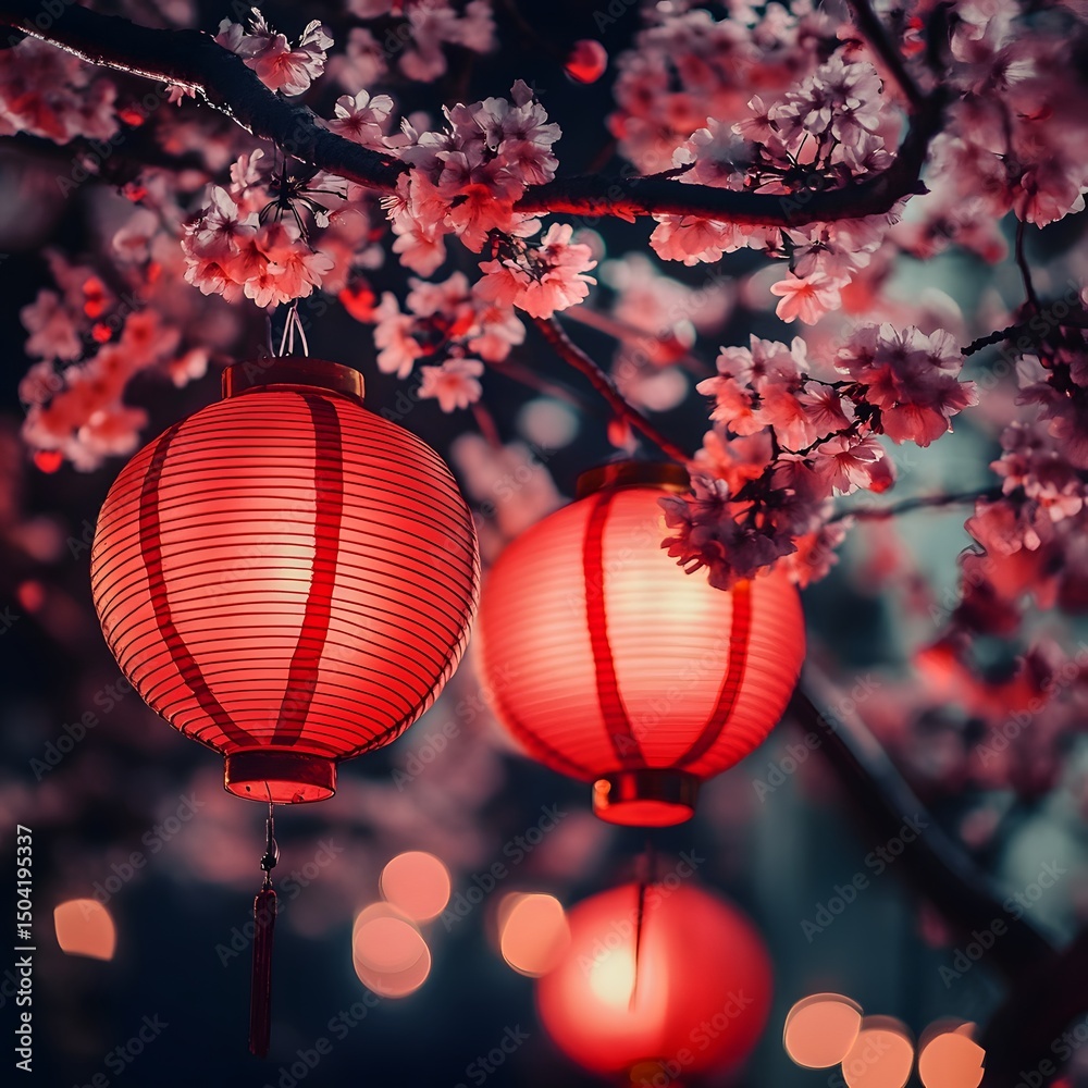 Fototapeta premium red chinese lanterns hanging at night