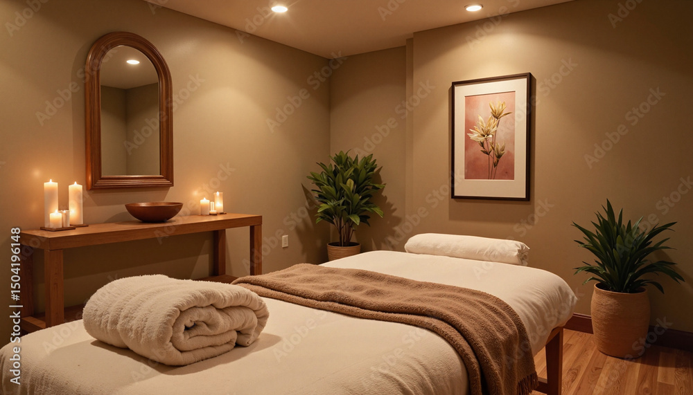 Cozy massage room with candles and soft lighting for relaxation Cozy massage room with candles and soft lighting for relaxation