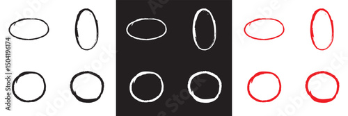 Red , white, and black highlight oval crayon or chalk shapes set. Sketchy pen , pencil or marker hand drawn rough ellipse circles design with grunge style. Vector illustration. EPS 10