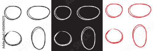Red , white, and black highlight oval crayon or chalk shapes set. Sketchy pen , pencil or marker hand drawn rough ellipse circles design with grunge style. Vector illustration. EPS 10