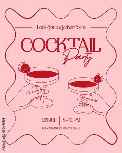 Minimalist pink cocktail party invitation with two hands toasting strawberry cocktails. Elegant, fun and perfect for festive summer events, printables, and digital use.

