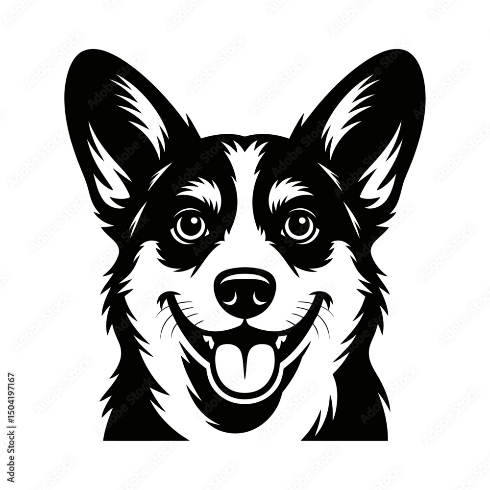 Fototapeta premium Corgi dog face silhouette vector with smiling expression, joyful pet illustration, friendly canine portrait, black and white line art, cute dog character, animal mascot design, pet graphic