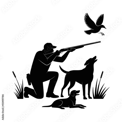 Hunting silhouette vector with hunter kneeling and aiming shotgun at flying bird, two dogs by side, outdoor sport hunting design, wildlife scene, nature illustration, bird shooting, hunting emblem