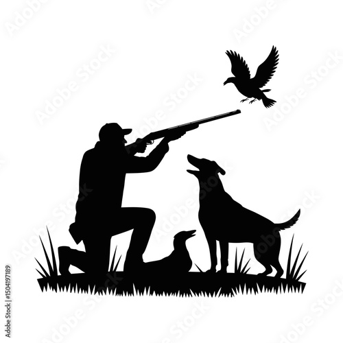 Hunting silhouette vector with hunter aiming shotgun at flying bird, dog companion by side, outdoor sport hunting design, wildlife scene, nature illustration, bird shooting, hunting emblem
