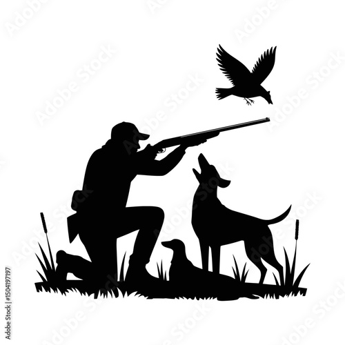 Hunting silhouette vector with hunter aiming shotgun at flying bird, dog companion by side, outdoor sport hunting design, wildlife scene, nature illustration, bird shooting, hunting emblem