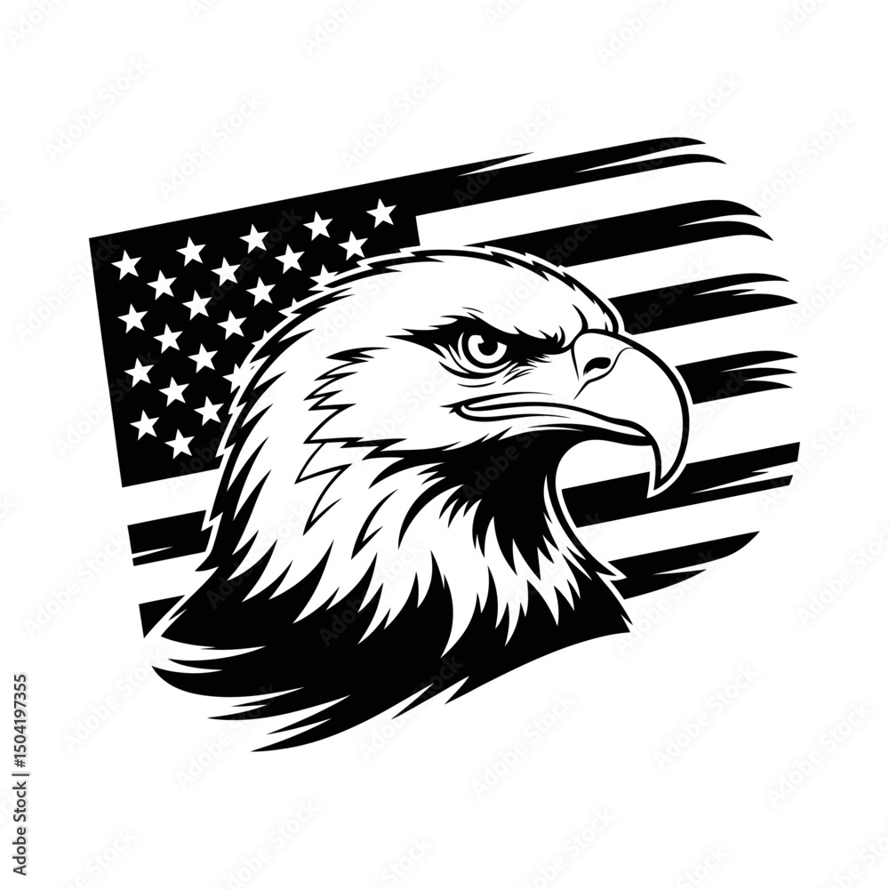 Naklejka premium Eagle head silhouette vector with American flag background, patriotic USA design, bald eagle emblem, national pride graphic, strong wildlife symbol, bold bird of prey illustration