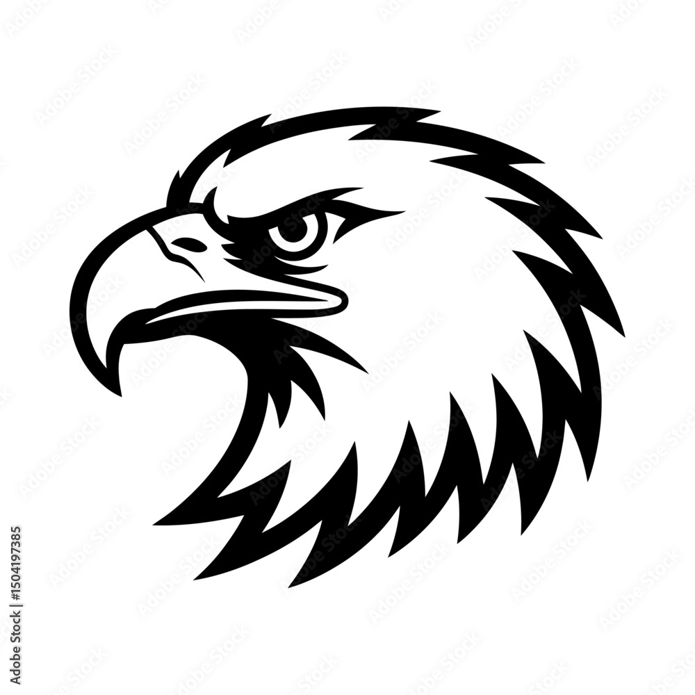 Obraz premium Fierce eagle head silhouette vector with sharp eyes and detailed feathers, majestic bird of prey design, wildlife emblem, strong and bold nature illustration, bird vector art for logo or tattoo