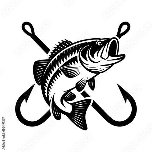 Fish silhouette vector with two large crossed fishing hooks behind, detailed jumping fish design, angling illustration, freshwater fishing art, sport fishing graphic, aquatic wildlife symbol
