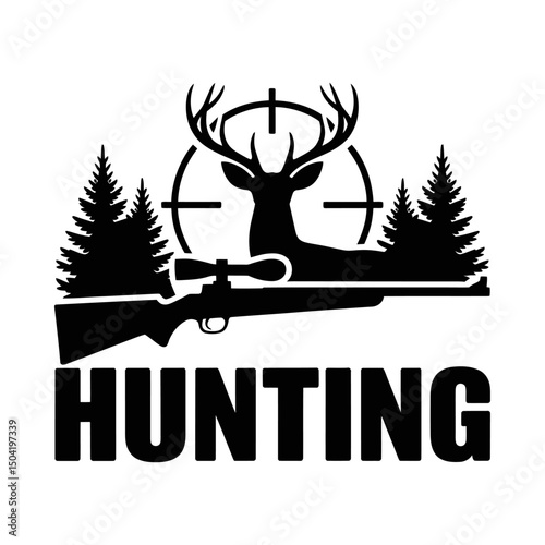 Hunting silhouette vector with deer in front of rifle, target sight, pine trees, and grass, outdoor hunting design, wildlife emblem, hunting logo, game hunting illustration, rustic nature badge