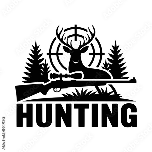 Hunting silhouette vector with deer resting in front of target sight, crossed rifles, pine trees, and grass, outdoor hunting design, wildlife emblem, hunting logo, game hunting illustration
