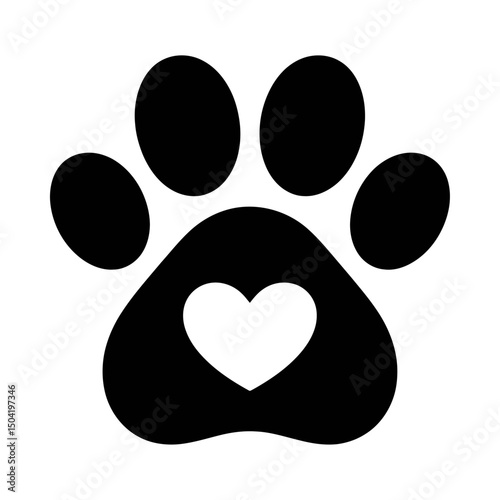 Paw print silhouette vector with heart shape inside, pet love design, animal paw icon, cute pet symbol, veterinary care illustration, animal welfare graphic, pet adoption logo