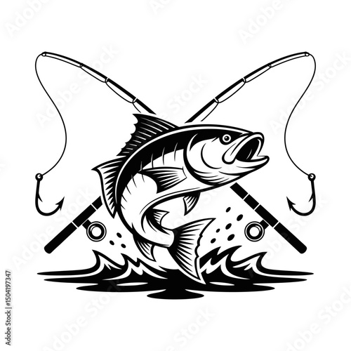 Fishing silhouette vector with jumping fish and crossed fishing rods with hooks, water splash, outdoor sport fishing design, angler badge, aquatic wildlife illustration, fishing logo
