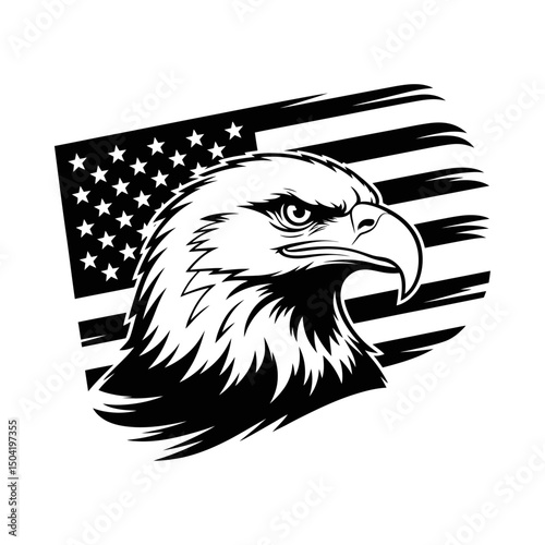 Eagle head silhouette vector with American flag background, patriotic USA design, bald eagle emblem, national pride graphic, strong wildlife symbol, bold bird of prey illustration