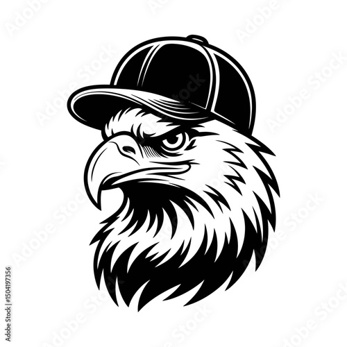 Cool eagle head silhouette vector wearing a baseball cap, fierce bird of prey design, urban wildlife illustration, bold and stylish bird mascot, streetwear-inspired eagle vector art