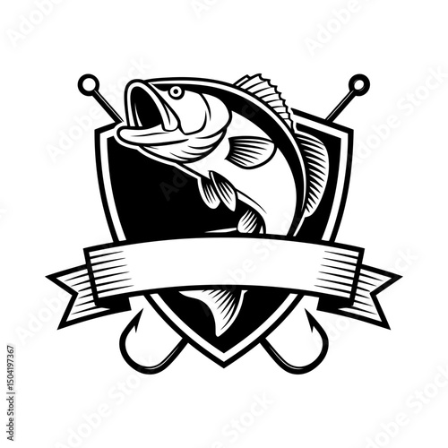 Fishing silhouette vector with jumping fish, crossed fishing hooks, shield background, blank ribbon banner, fishing logo design, outdoor sport fishing, angler badge, aquatic wildlife illustrati