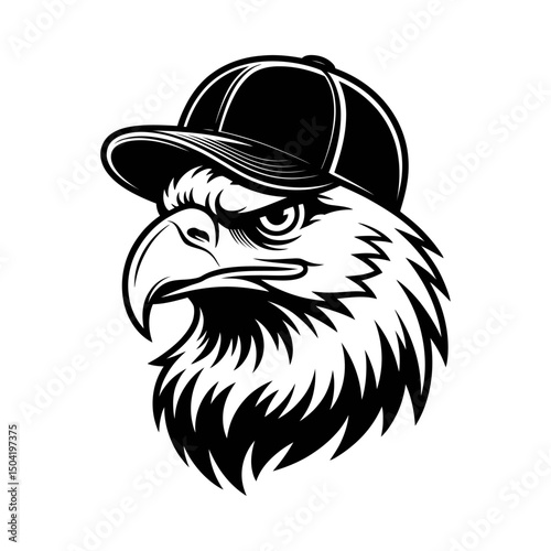  eagle head silhouette vector wearing a baseball cap, fierce bird of prey design, urban wildlife illustration, bold and stylish bird mascot, streetwear-inspired eagle vector art