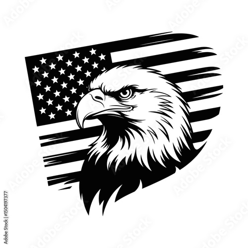 Eagle head silhouette vector with American flag background, patriotic USA design, bald eagle emblem, national pride graphic, strong wildlife symbol, bold bird of prey illustration