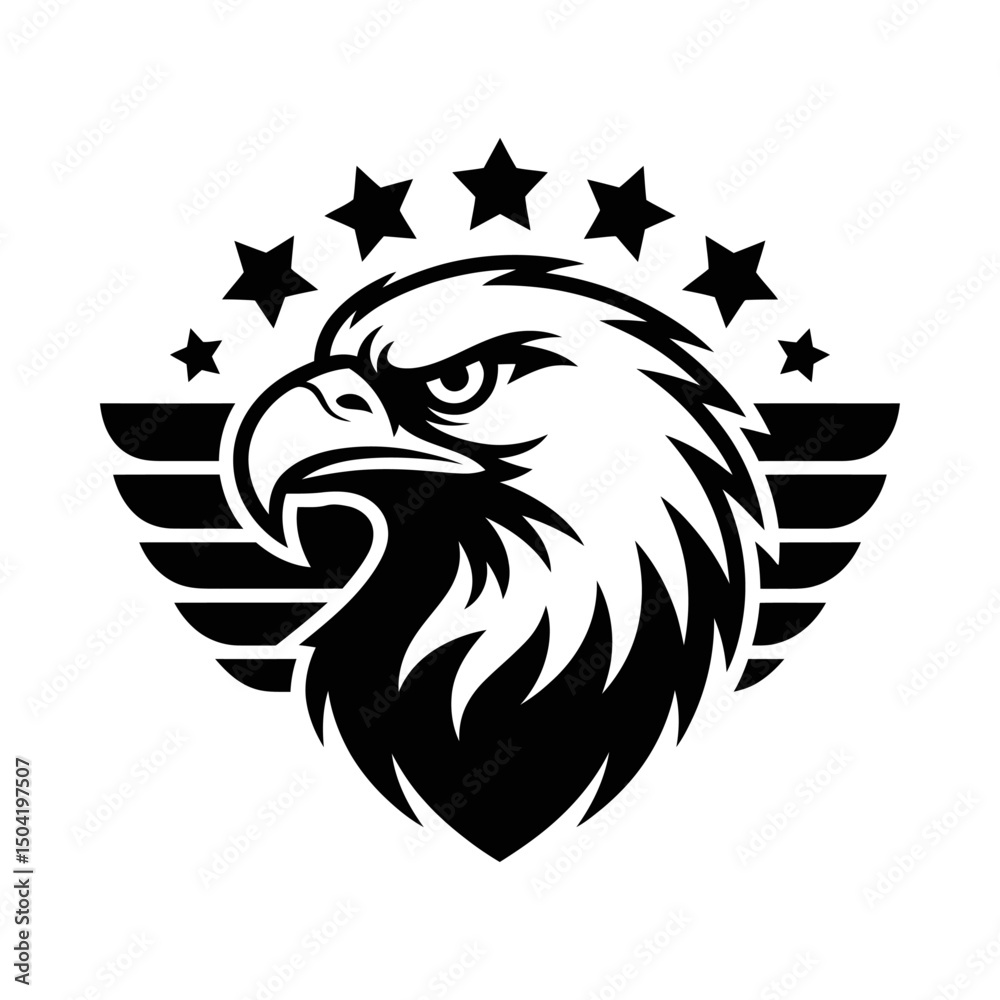 Obraz premium Eagle head emblem silhouette vector with wings and stars, patriotic bird of prey design, majestic eagle graphic, strong wildlife symbol, powerful nature illustration, bold eagle logo art