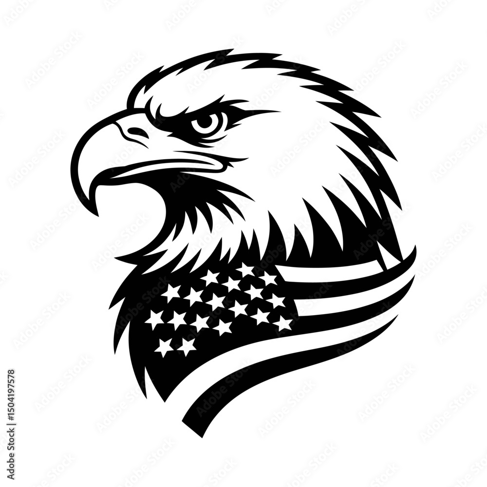 Naklejka premium American Bald Eagle Head Silhouette Vector with USA Flag Elements, Patriotic Eagle Vector Illustration, Fierce National Bird Symbol, Black and White Tattoo Style Design, United States Freedom Icon Art