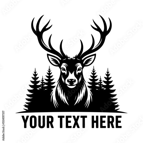 Majestic deer head silhouette vector with large antlers and pine tree forest background, customizable text area, wildlife nature design, hunting emblem, rustic outdoor adventure illustration