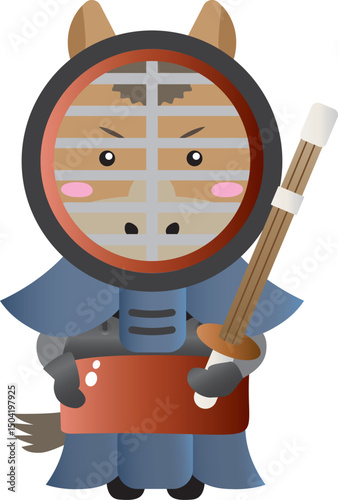 剣道の防具をつけた馬のキャラクター（午年・干支・スポーツ・かわいいイラスト）