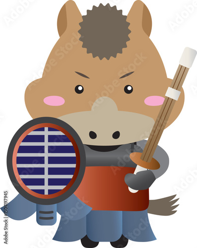 剣道の防具をつけた馬のキャラクター（午年・干支・スポーツ・かわいいイラスト）