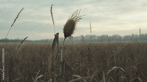 Dried seed head in a golden field at dawn