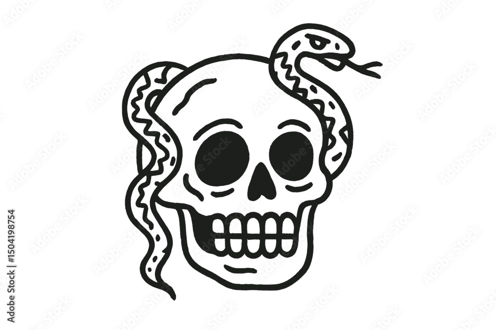 Fototapeta premium Skull with snake illustration featuring bold lines and contrasting colors, popular in tattoo art and graphic design