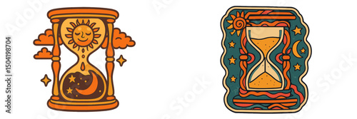 Vintage hourglass designs featuring celestial themes and vivid colors ideal for art and decoration