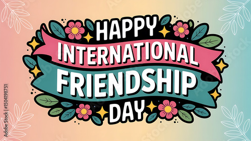 Happy international friendship day festive design with flowers and ribbon