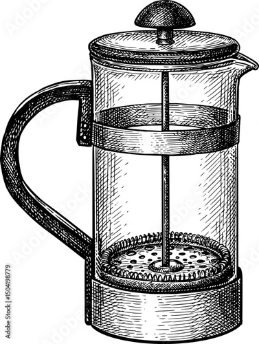 French press coffee brewer ink sketch.