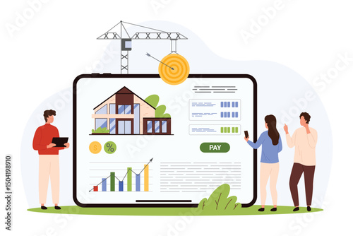 Buy home using mobile app, investment in property. Tiny people pay for real estate online, characters invest in house on tablet or phone screen, building sale offer cartoon vector illustration