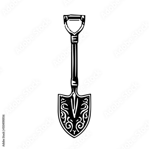 Ornate shovel design in black and white, the concept of hard work