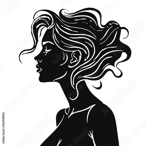 Woman's profile in black and white with wavy hair, for beauty blogs