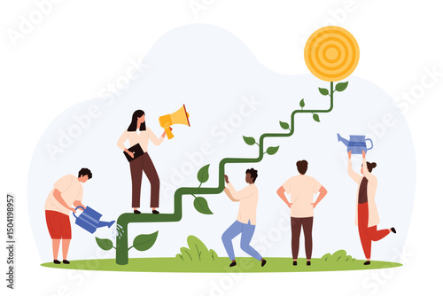 Career growth of ambitious entrepreneur, progress in goal challenge, support from colleagues. Tiny people growing green ladder, woman with megaphone climbing up steps cartoon vector illustration
