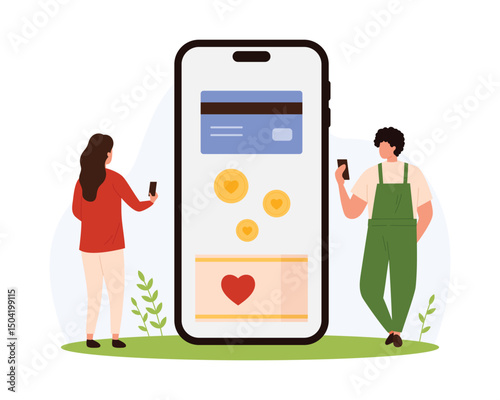 Charity mobile app, humanitarian aid campaign from community vector illustration. Cartoon tiny people donate online with phone, volunteers give money gift to digital donation box from credit card