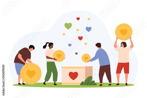 Charity foundation vector illustration. Cartoon tiny people give money and heart gifts to donation box, volunteers characters donate relief and care, love and hope, support for poor social groups