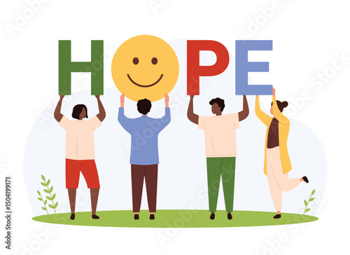 Charity, hope for better future vector illustration. Cartoon tiny people standing holding colorful rainbow letters of word Hope and emoji with smile, diversity group of characters believe and dream