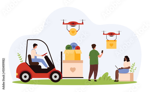 Charity, delivery of humanitarian aid. Tiny volunteer worker on forklift and drones delivering hearts, carrying boxes full of donations, money and help from community cartoon vector illustration