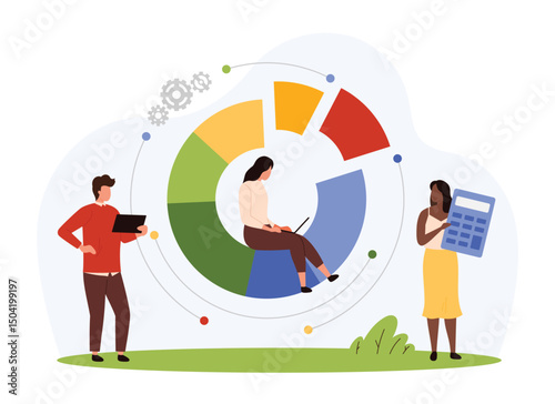 Pie chart research, infographic business presentation vector illustration. Cartoon tiny people with calculator, laptop and tablet work on analysis of data statistics and finance information report