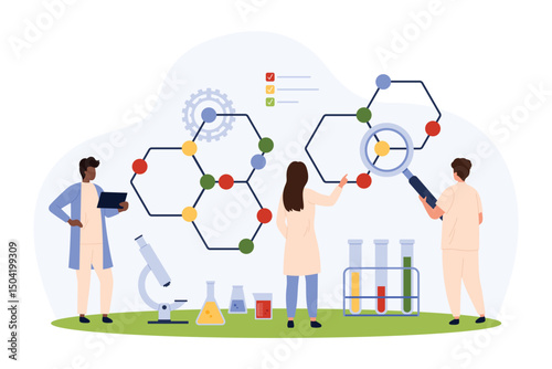 Chemistry research, theory and laboratory experiment vector illustration. Cartoon tiny people looking through magnifying glass at chemical molecule of substance, cells and bonds of atoms in model
