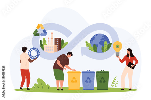 Circular economy, sustainable strategy development for circulation of environmental resources in industry. Tiny people use recycle materials, reduce consumption and waste cartoon vector illustration
