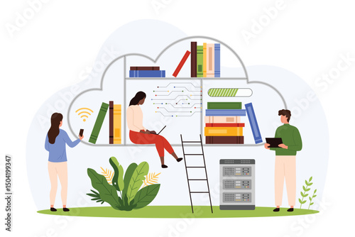 Digital library for education, training courses with AI technology. Tiny people learning with laptops inside cloud with circuit, students reading science books online cartoon vector illustration