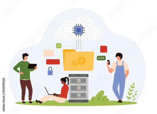 Data system infrastructure with internet network, cloud storage. Tiny people download, transfer and backup information, connect to computer server of digital datacenter cartoon vector illustration