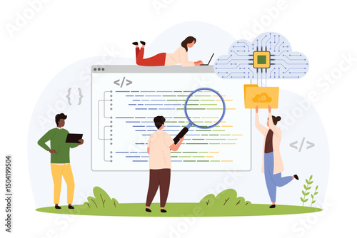 Unit testing, cloud programming, code development and engineering. Tiny people with magnifying glass and digital folder with cloud connection control coding process cartoon vector illustration