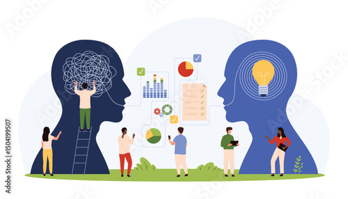 Business training communication, creative coaching. Tiny people people unravel chaos and knot of threads, connection between two abstract brain with charts and graphs cartoon vector illustration