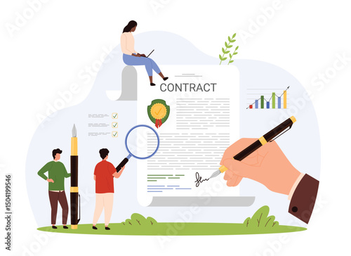 Contract and license inspection, legal document analysis by lawyer team. Tiny people with magnifying glass read and check agreement, hand signing contract with seal cartoon vector illustration