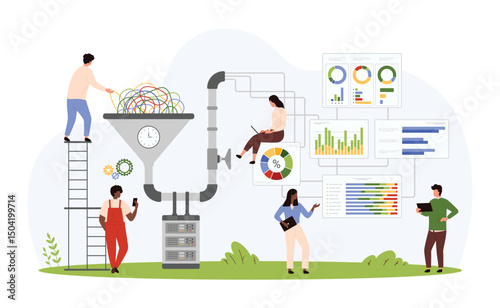 Big digital data analysis, classification and storage. Tiny people work with info conversion funnel to filter and research data flow in documents with charts and diagrams cartoon vector illustration