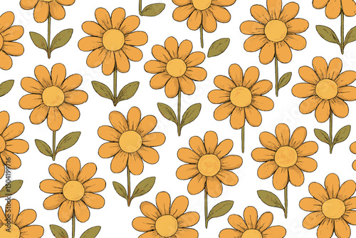 Bright yellow daisies arranged in a repeating pattern on a white background perfect for fabric design or wallpaper