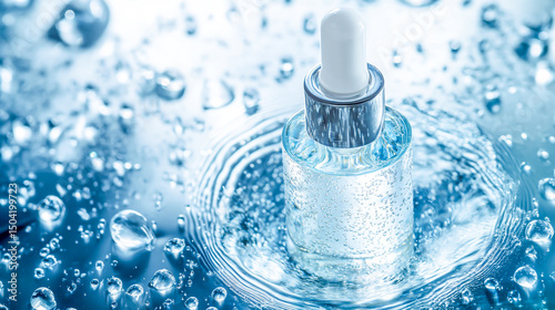 Clear serum bottle surrounded by water droplets, skincare product emphasizing hydration and freshness